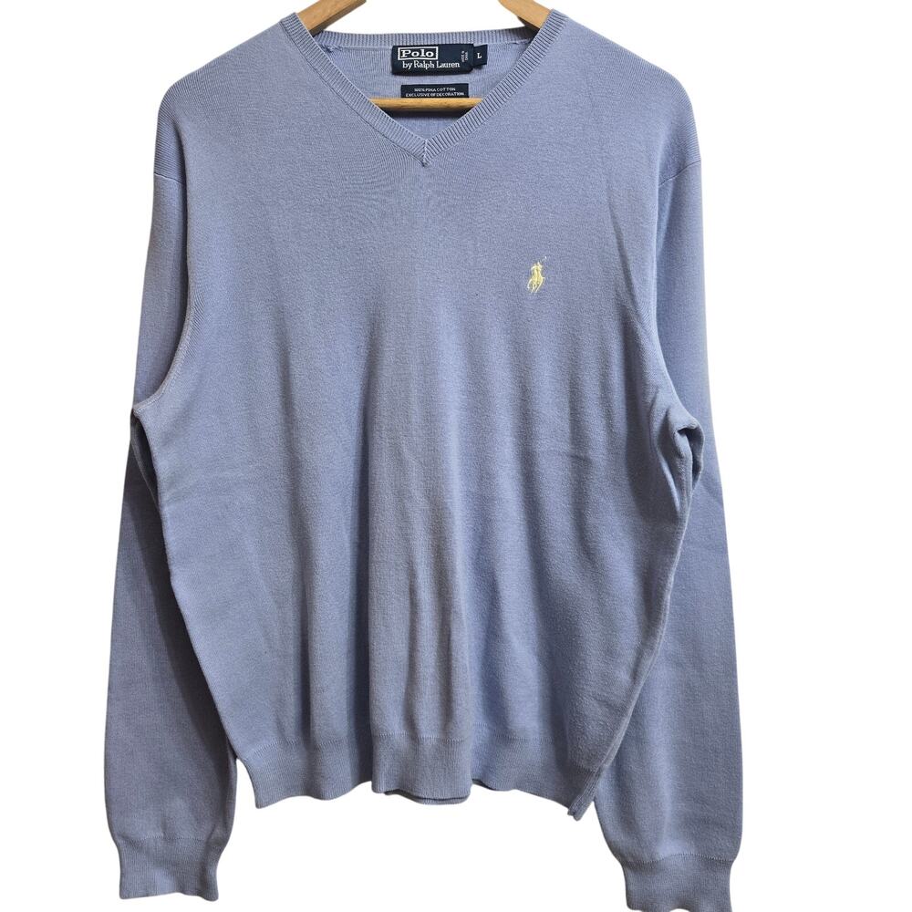 Polo Ralph Lauren Men Vtg 90s Y2K Classic Pima Cotton V-Neck Sweater L Pale Blue
